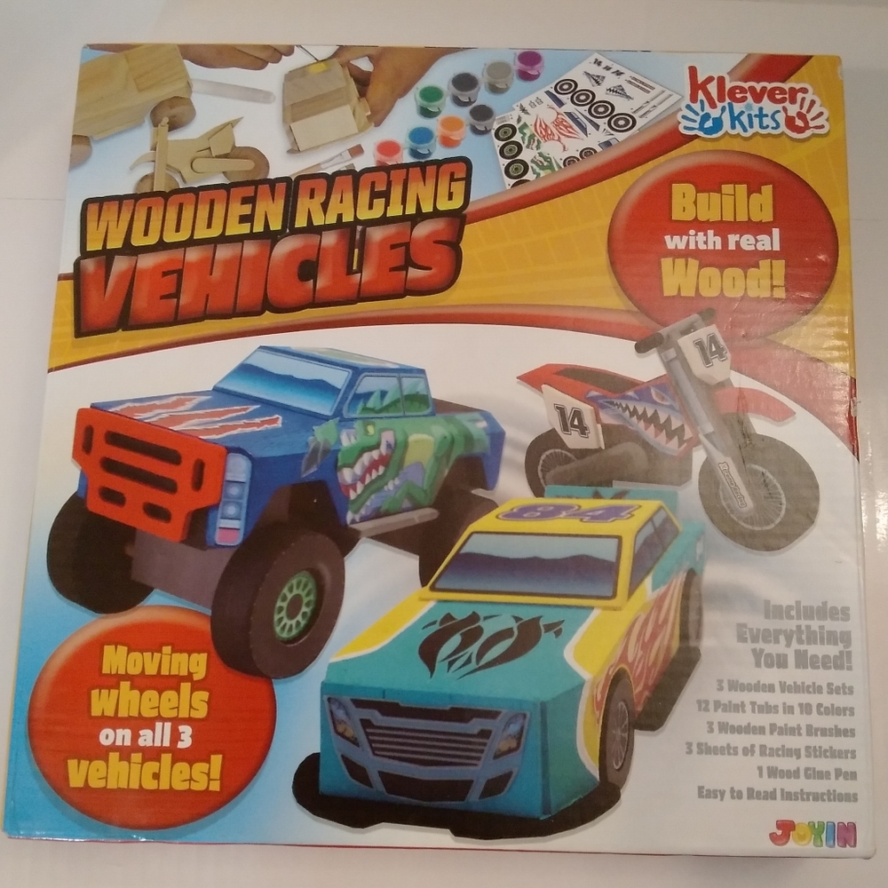 JOYIN Klever Kits WOODEN RACING VEHICLES KIT Kids Craft Build & Paint Your Own